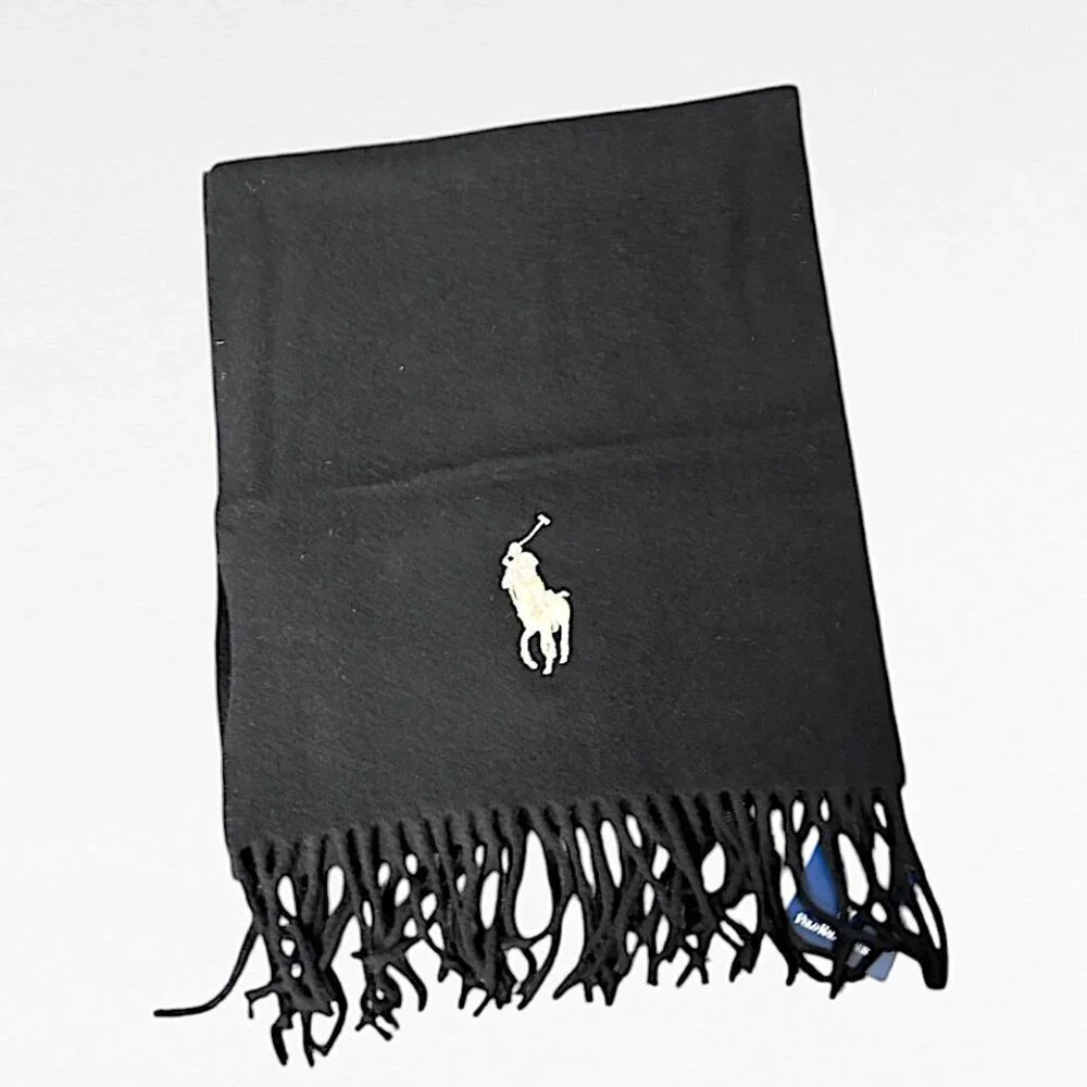 Polo Ralph Lauren 100% Lambswool Black Scarf w/White Pony Made in Italy WITH TAG